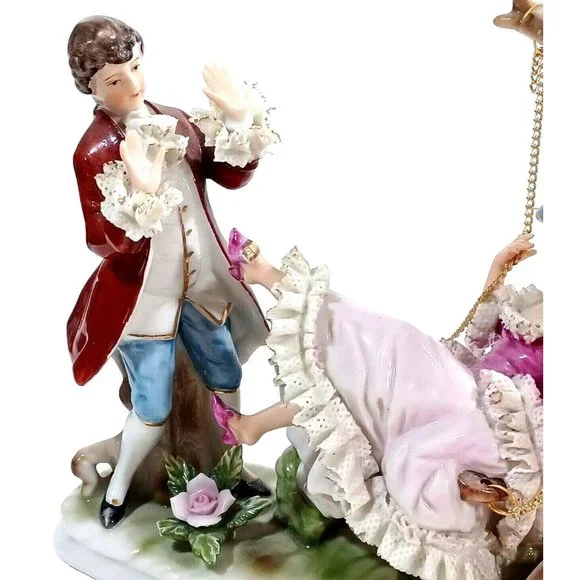 Romantic Dresden Lace Figurine Sculpture Man Woman Tree Swing Capodimonte - Picture 8 of 16